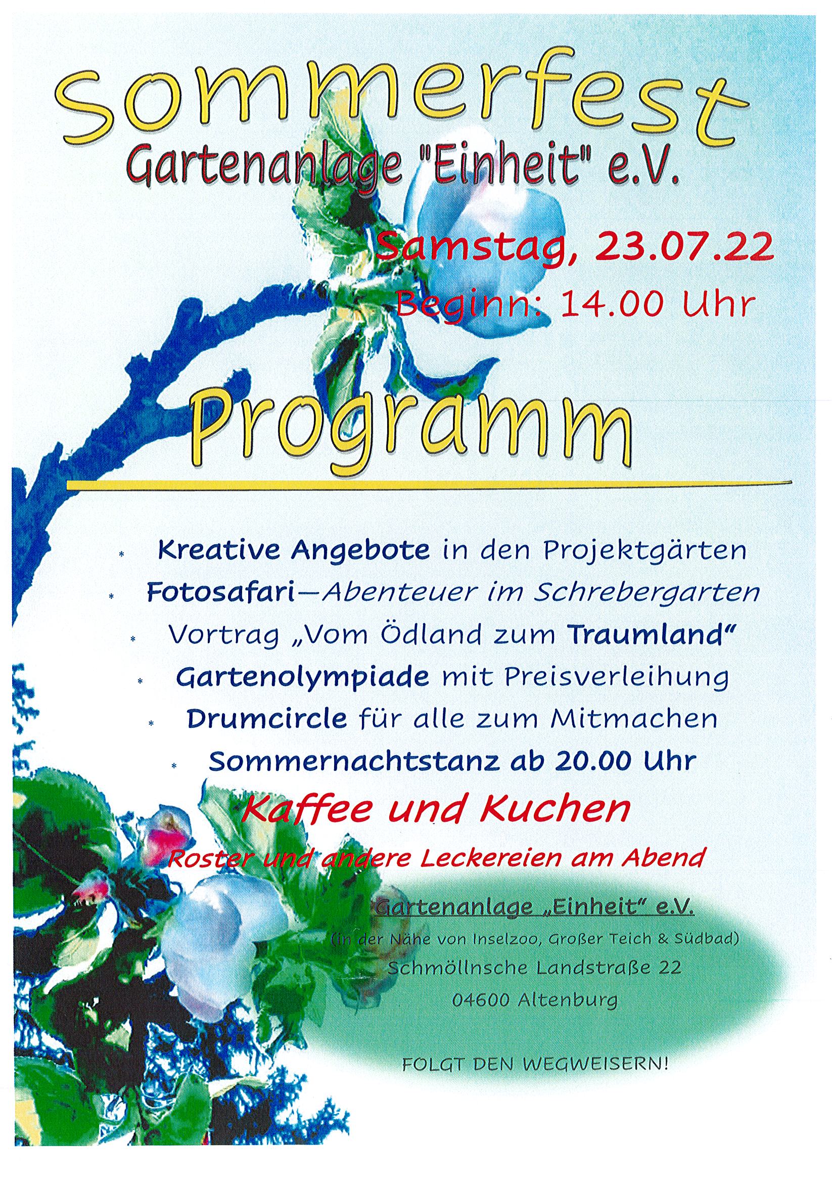 Sommerfest Gartenanlage Einheit e.V. am 23.07.2022, ab 14.00 Uhr -  Regionalverband Altenburger Land der Kleingärtner e. V.